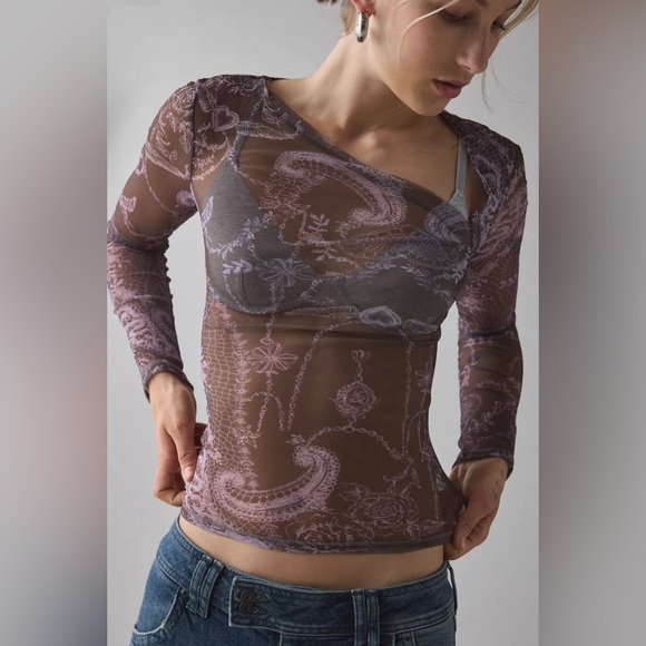 UO Kimchi Blue Love Club Asymmetric Sheer Mesh LongSleeve Top Y2K Paisley Purple - Picture 3 of 4